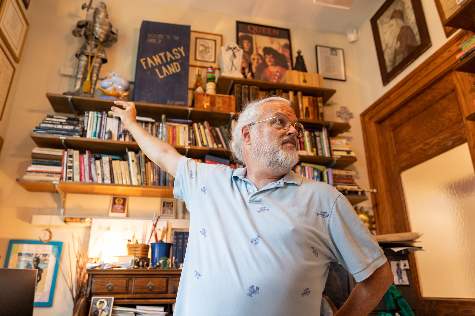 The office of Fred Porcheddu-Engel is filled with books, toys, and trinkets given to him by students over the past 30 years.