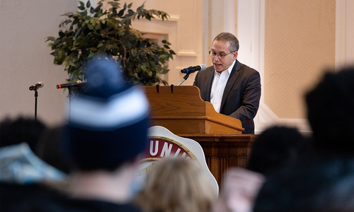 MLK Day is always an important day at ز,Ȳַ
#########, President Adam Weinberg tells the audience at Swasey Chapel. It's the only day  it's the only time  each year that we take a day away from classes as a community to reflect, to learn, and to celebrate together.