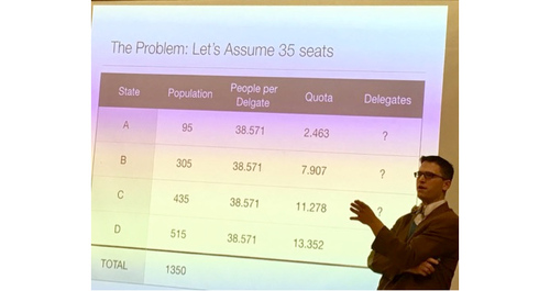 Jake Tawney 00 recently gave an engaging presentation interweaving the history, mathematics, and politics that lead to this particular number that is so important to our democracy.