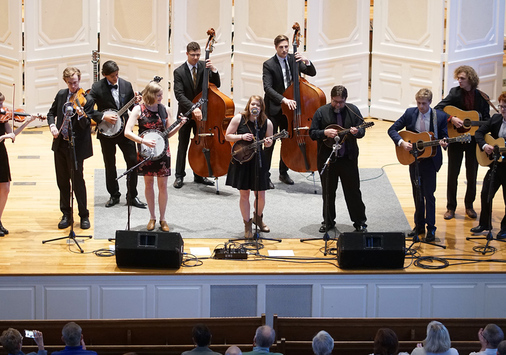 Bluegrass students performing in Swasey Chapel