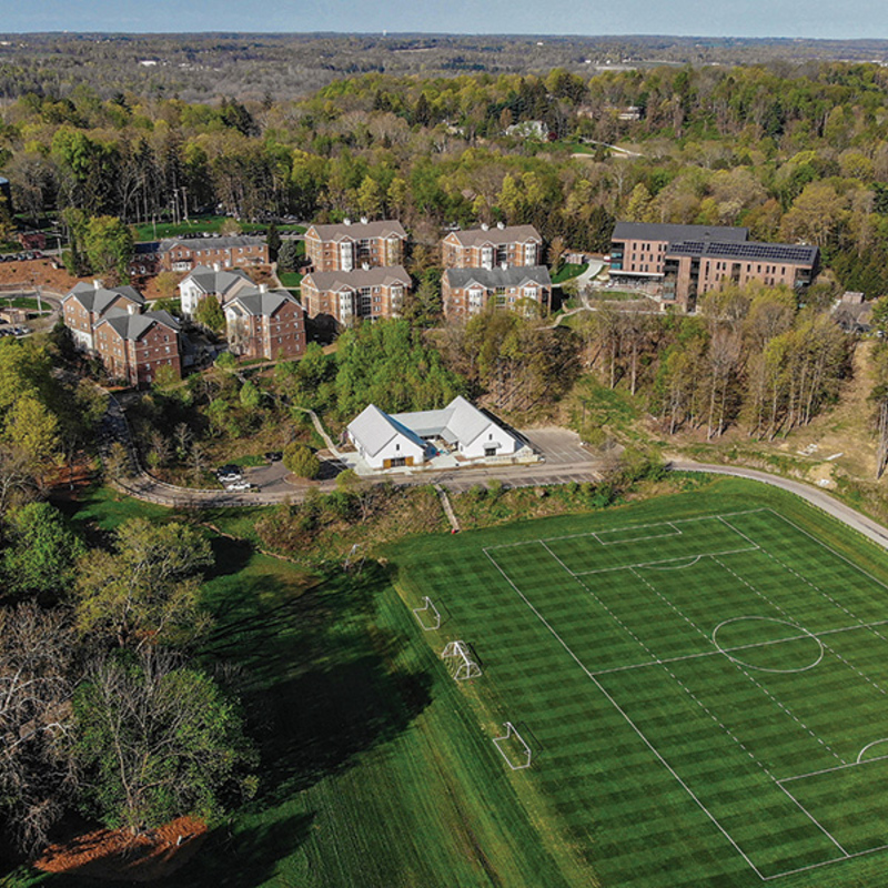 An aerial view of north quad and the IM field